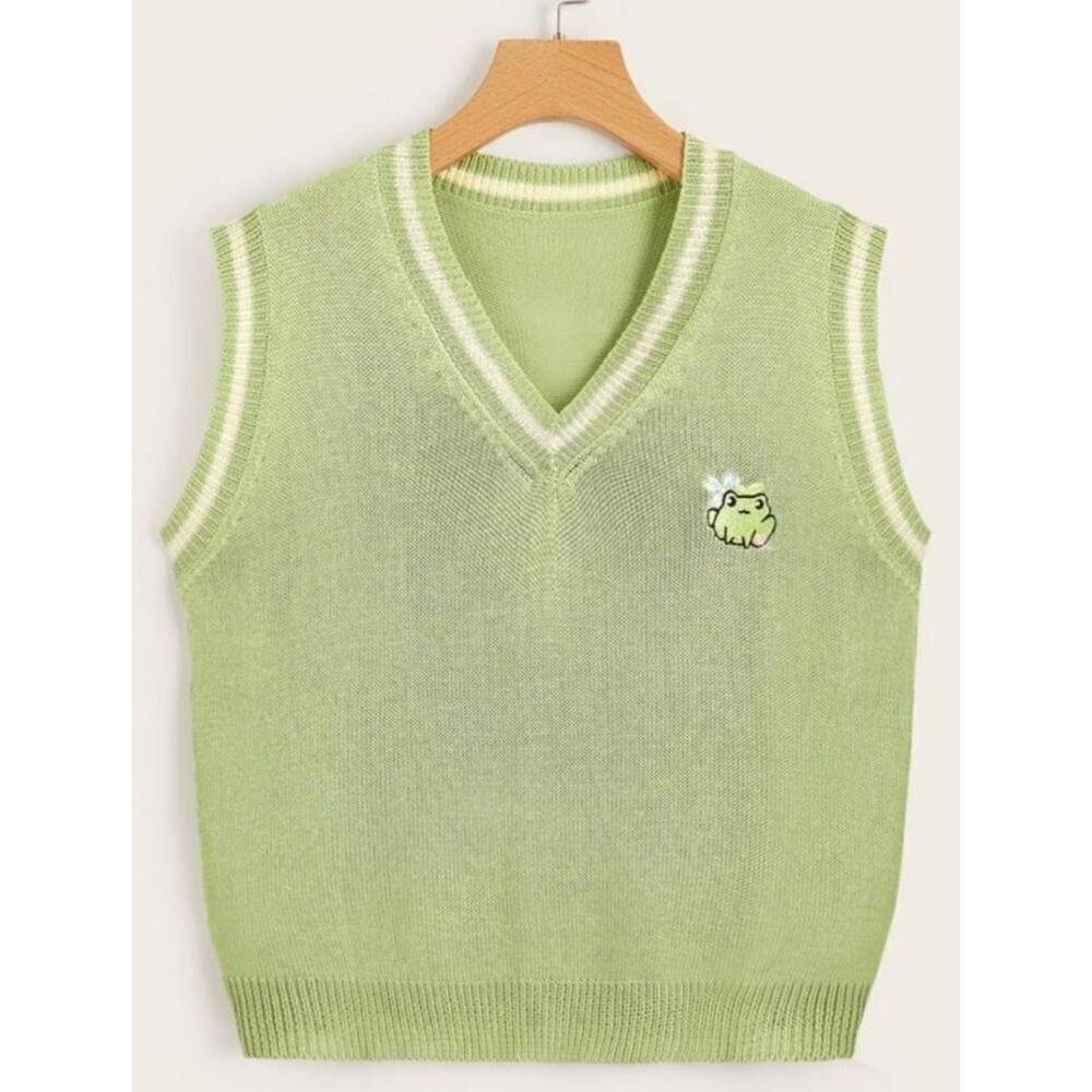 🔹️Romwe Green Frog Vneck Sleeveless Sweater Vest Medium